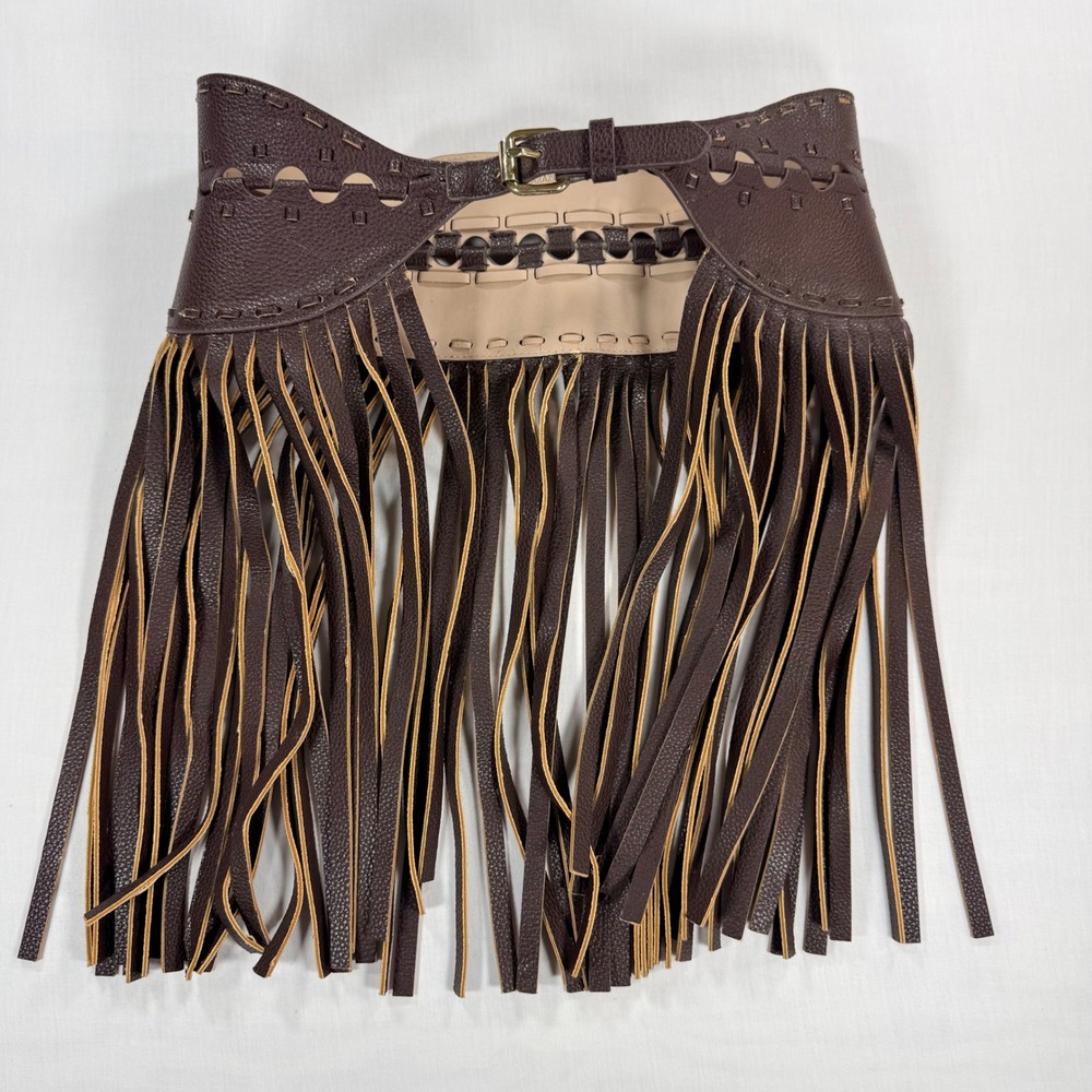 BCBGMAXAZRIA Brown Whipstitch Fringe Corset Waist Belt Size S Boho Western